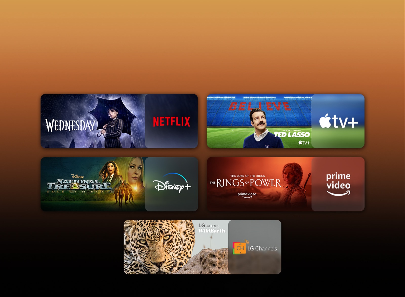 There are logos of streaming service platforms and matching footages right next to each logo. There are images of Netflix's Wednesday, Apple TV's TED LASSO and PRIME VIDEO's The rings of power.