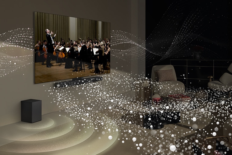 تلفزيون LG OLED TV ومكبرات الصوت مثبتة على الحائط في غرفة المعيشة ورسومات ذات أشكال زاهية في جميع أنحاء الغرفة.