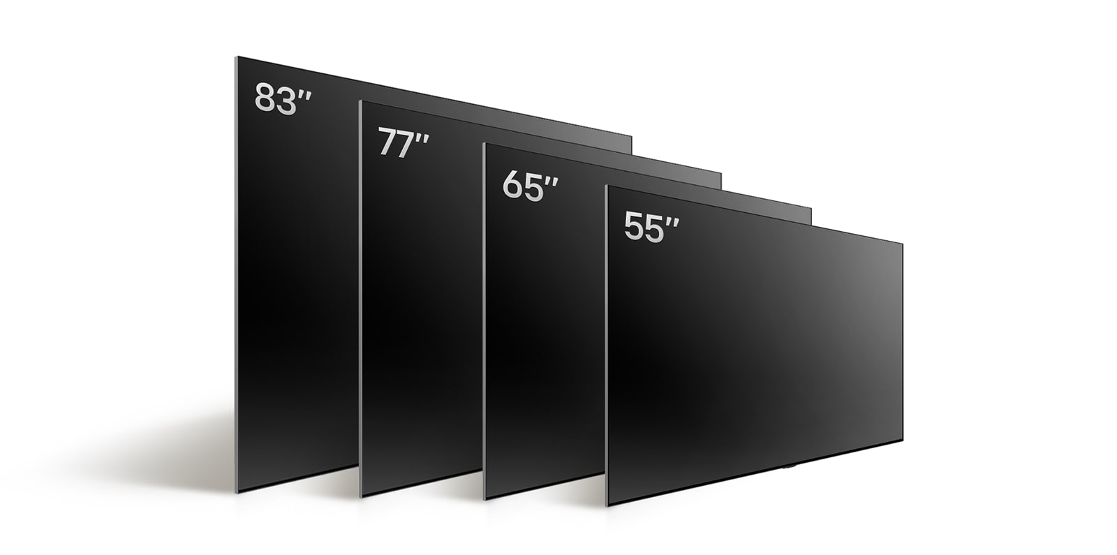 مقارنة تلفزيونات LG OLED TV بأحجام مختلفة من OLED C4، حيث تظهر تلفزيون OLED مقاس 55 بوصة، وتلفزيون OLED C4 مقاس 65 بوصة، وتلفزيون OLED C4 مقاس 77 بوصة، وتلفزيون OLED C4 مقاس 83 بوصة.