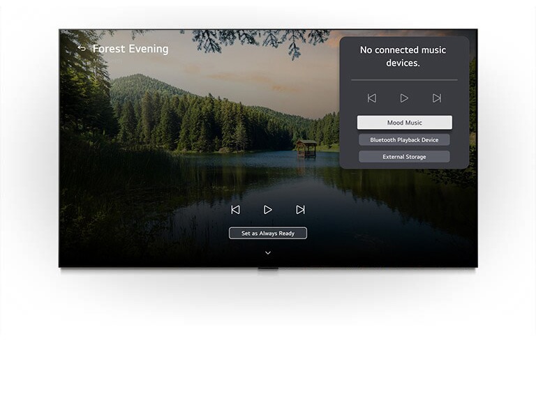 يعرض LG Gallery+ مع خاصيتي BGM وMusic Lounge في تلفزيون LG OLED evo AI C6 مشهد "مساء الغابة" لبحيرة وسط الغابة على الشاشة، مع ظهور لوحة واجهة المستخدم الخاصة بـ Music Lounge التي تتضمن موسيقى المزاج، وتشغيل البلوتوث، وعناصر التحكم.