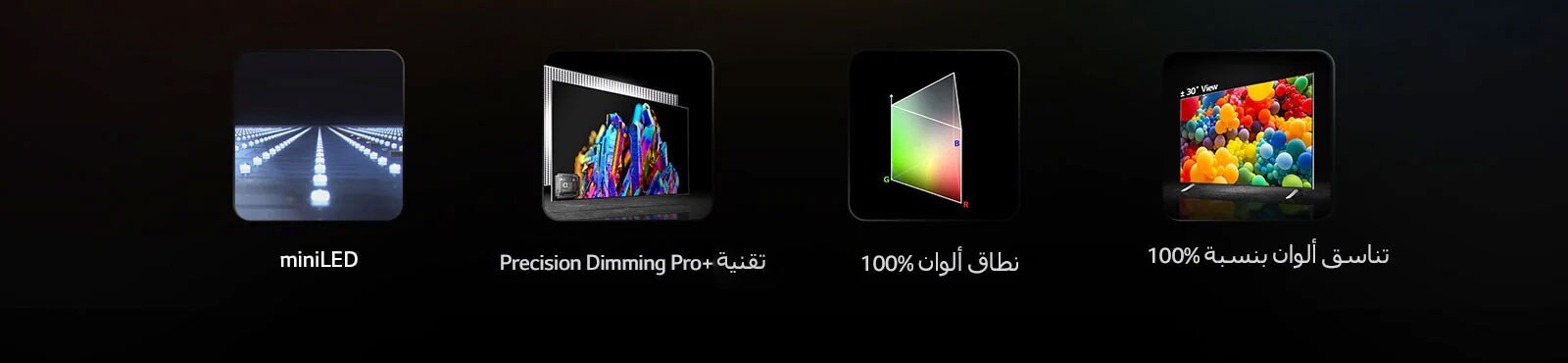 100%". يوجد تلفزيون بإطلالة جانبية بزاوية 30 درجة وهناك بالونات ملونة على شاشة التلفزيون. وهناك نص أسفله يقول "تناسق ألوان بنسبة 100%".توجد مصابيح  mini LED مع أضواء في الصف. وأسفل الصورة، يوجد نص مكتوب به "miniLED" توجد صورة بلورية ملونة مع صورة معالج alpha 9 في الزاوية اليسرى. وأسفل الصورة يوجد نص مكتوب به "precision dimming pro plus". يوجد رسم بياني لتوزيع ألوان RGB في شكل قطب مثلثي، وأسفله نص يقول "نطاق ألوان 