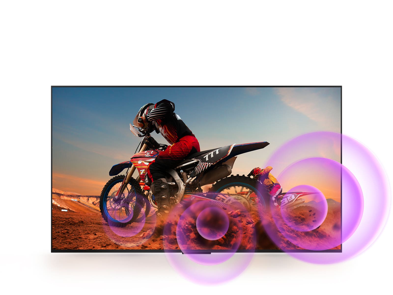 يعرض تلفزيون LG NanoCell TV رجلاً على دراجة نارية مع دوائر تجريدية أرجوانية تخرج من العجلة لتصور انبعاث الصوت. 