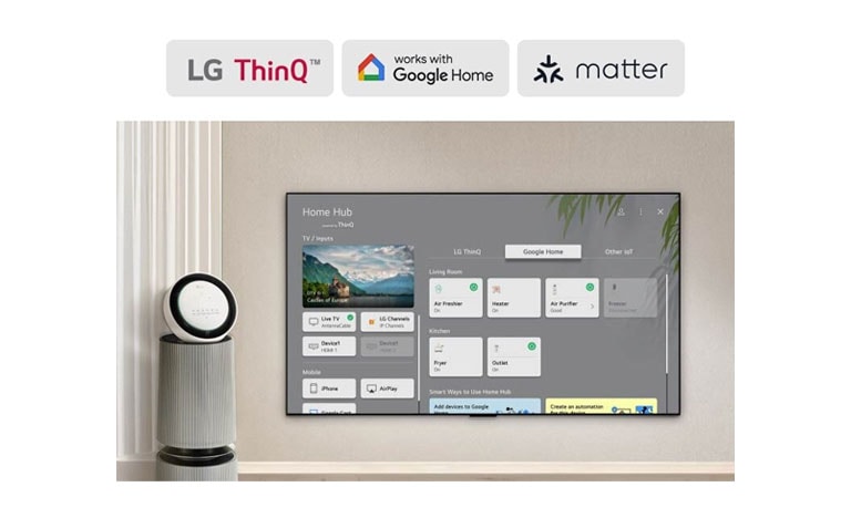 تلفزيون LG TV مع Home Hub على الشاشة. تعرض واجهة المستخدم Google Home وThinQ وغيرها من إنترنت الأشياء التي توضح كيف يمكنك إدارة جميع أجهزتك الذكية بسهولة على التلفزيون.