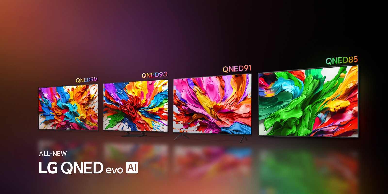 تظهر أجهزة تلفزيون LG QNED92 وLG QNED85 إلى جوار بعضها البعض. يوجد عمل فني ملون يسلط الضوء على تقنية إعادة إنتاج الألوان الحيوية الجديدة من LG QNED على شاشاتها. يتوفر أيضًا شعار تلفزيون LG QNED evo AI الجديد كليا.