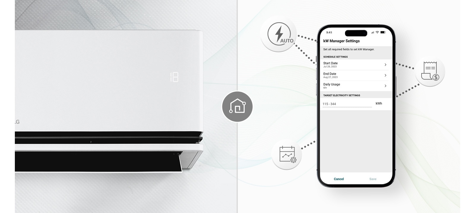 مكيف هواء وهاتف ذكي مزود بشاشة LG ThinQ™. حول الهاتف المحمول، يتم عرض الأيقونات التي تقدم وظائف ThinQ.