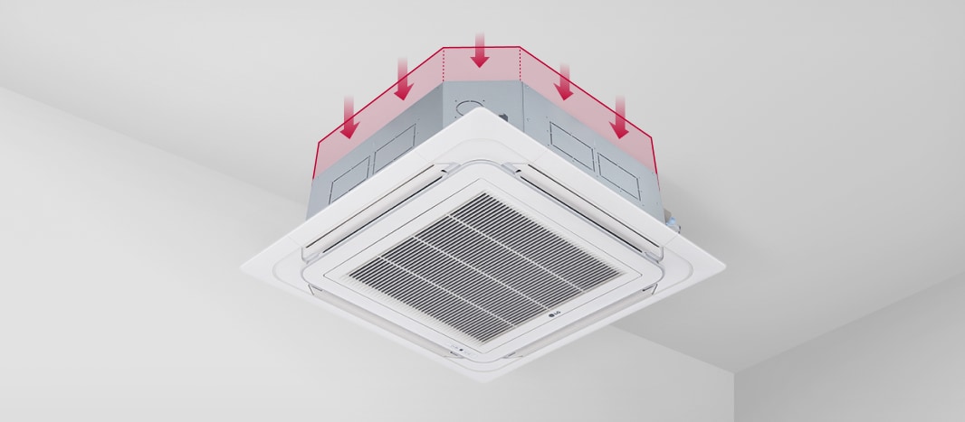 مكيّف الهواء LG ceiling-mounted cassette مع أسهم حمراء تسلّط الضوء على حجمه الصغير.