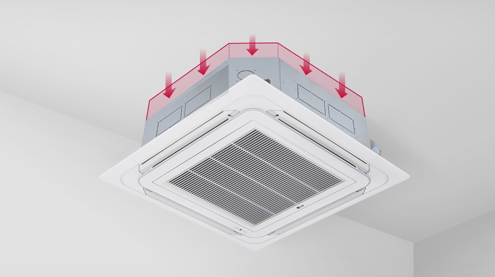 مكيّف الهواء LG ceiling-mounted cassette مع أسهم حمراء تسلّط الضوء على حجمه الصغير.