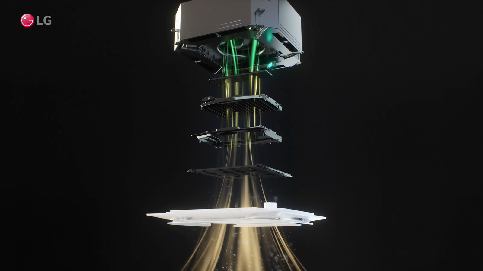 منظر مفكك لنظام تنقية الهواء يعرض مكوناته الداخلية وآليات تدفق الهواء.