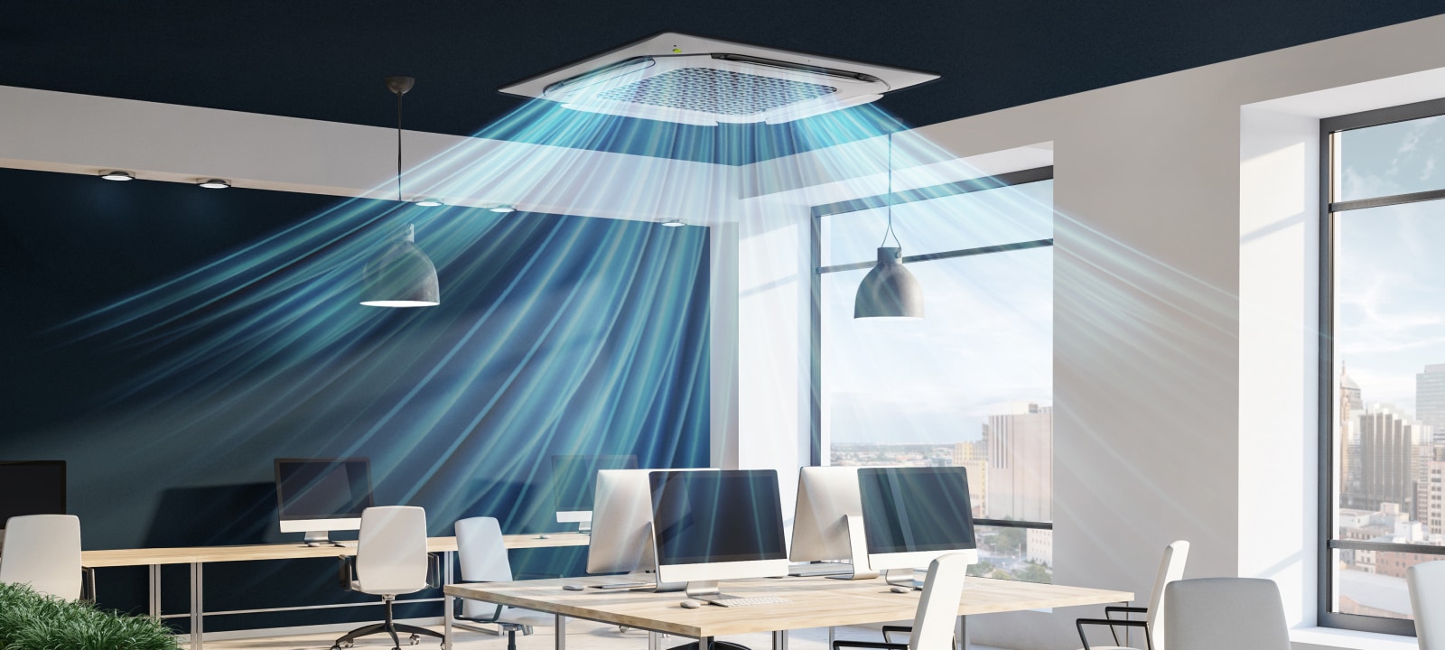 مكاتب يوجد بها مكيّف الهواء LG ceiling-mounted cassette الذي يوزّع الهواء البارد في اتجاهات متعددة.