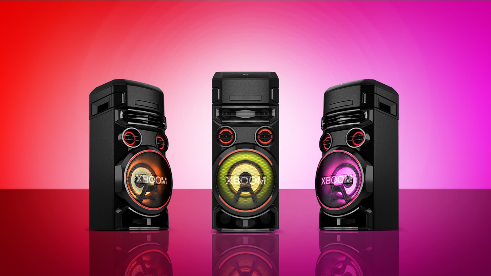 معاينة فيديو توضح الإضاءة المختلفة لثلاثة أجهزة LG XBOOM.