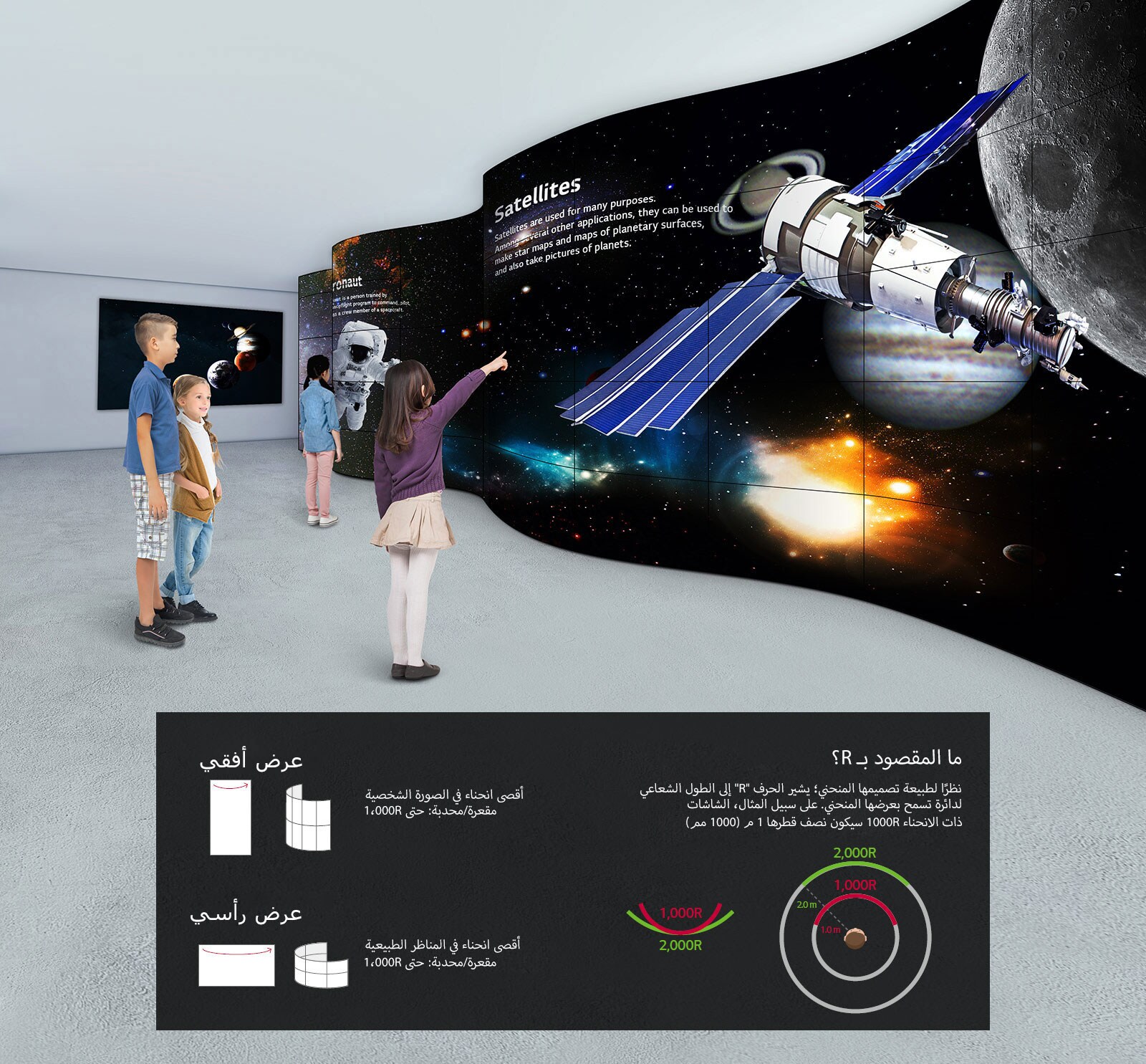 ينظر الأطفال إلى الشاشة المنحنية على شكل موجة بشكل مثير للاهتمام حيث يتم التعبير عن الكون.