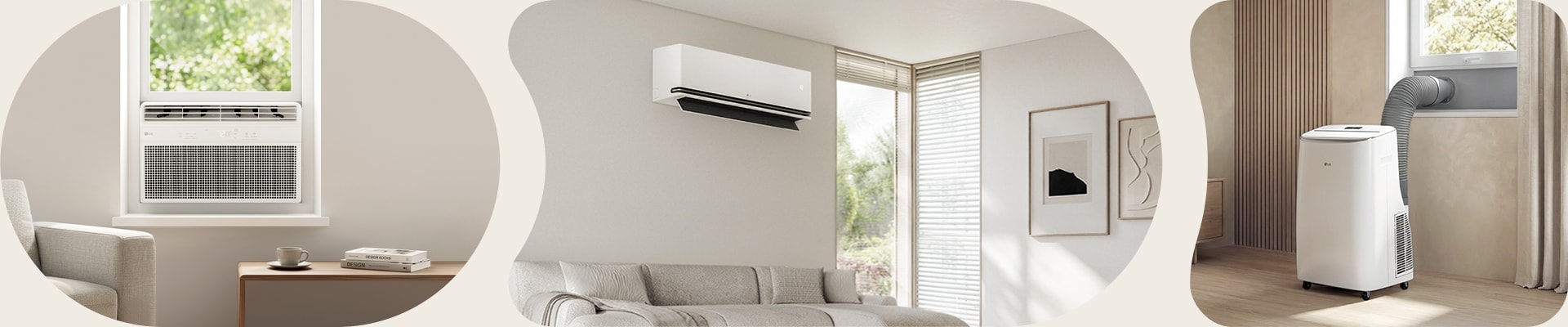 ثلاثة أنواع من مكيفات الهواء: وحدة نافذة ووحدة Wall Mounted ووحدة محمولة مزودة بخرطوم نافذة.