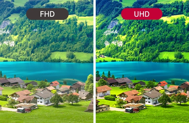 تتم مقارنة الصورة الباهتة لشاشة FHD مع صورة شاشة UHD ذات الجودة الزاهية.