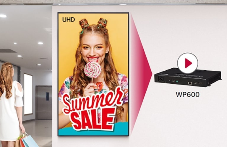 يدعم WP600 تشغيل الفيديو الفائق الجودة (UHD)، ويُعد هذا المشهد لشاشة العرض الرقمية في مركز التسوق أحد الأمثلة.