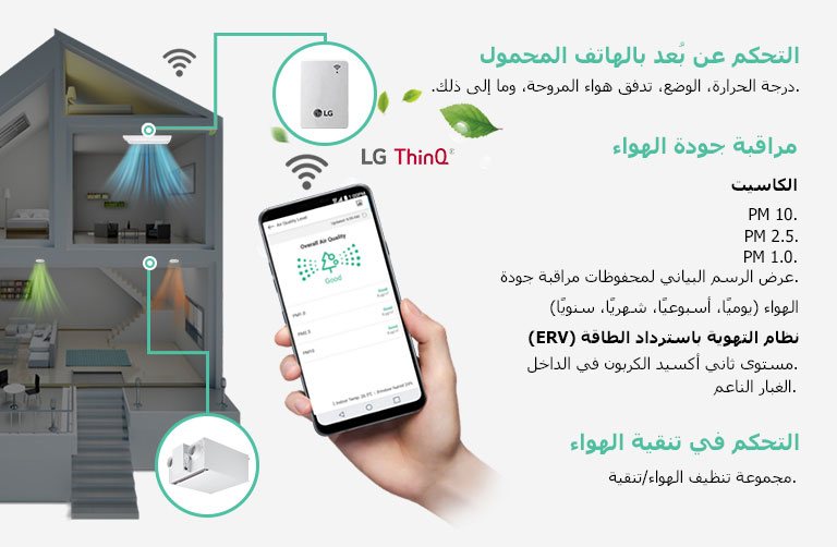 التحكم عن بُعد بالهاتف المحمول · درجة الحرارة، الوضع، تدفق هواء المروحة، وما إلى ذلك. كاسيت مراقبة جودة الهواء · PM 10 ‏· PM 2.5 ‏· PM 1.0 · عرض الرسم البياني لمحفوظات مراقبة جودة الهواء (يوميًا، أسبوعيًا، شهريًا، سنويًا) نظام التهوية باسترداد الطاقة (ERV) · مستوى ثاني أكسيد الكربون في الداخل · الغبار الناعم · التحكم في تنقية الهواء. مجموعة تنظيف الهواء/تنقية