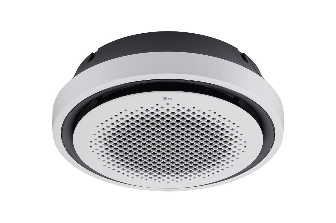 LG Round Cassette، Cassette_Inverter_H/P (1Φ)، 48kBtu, يحتوي مكيّف الهواء LG Round Cassette على العديد من الفتحات في وسط الدائرة المستديرة تمامًا، وتطوّقه حواف سوداء., ATNW48GYLT1 ANWBDXB + ATUW48GYLT1 ANWBDXB