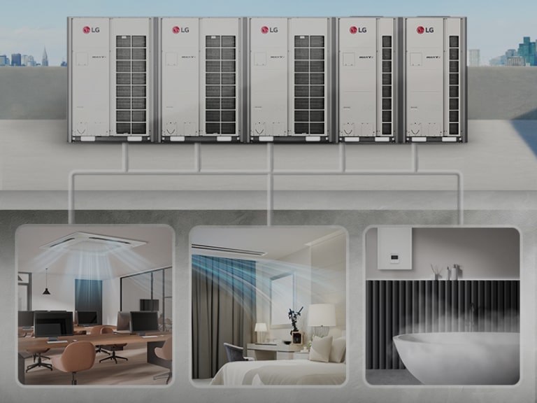Several MULTI V i are on the rooftop. Office and bedroom are supplied cooling and bathroom is supplied heating through the pipes connected to MULTI V i.