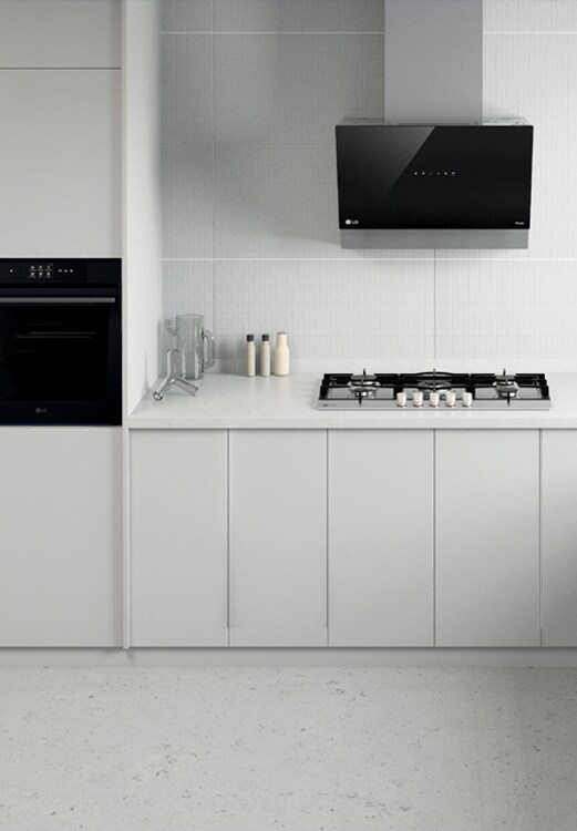 This is an image of the kitchen interior with LG built-in oven, hood, and gas hob installed.