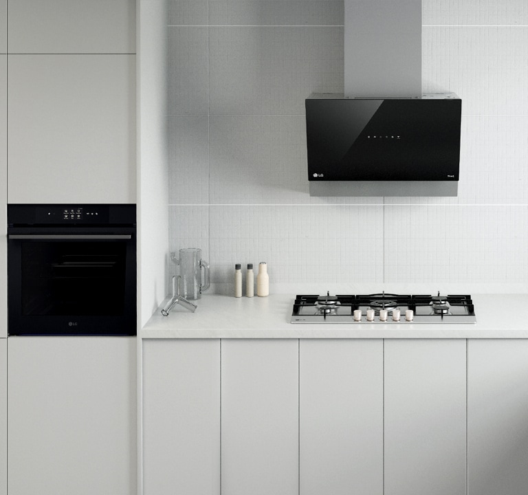 This is an image of the kitchen interior with LG built-in oven, hood, and gas hob installed.