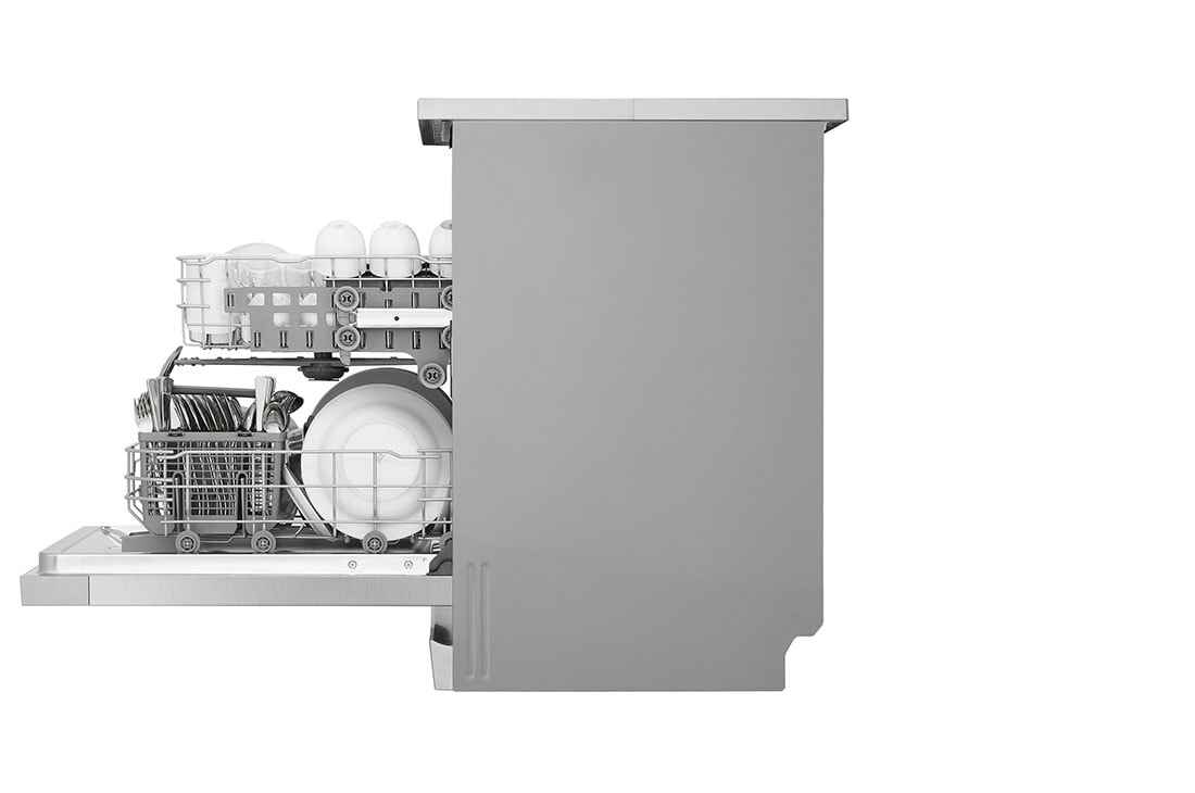 LG غسالة صحون إل جي ™QuadWash ، لون سلفر, إعداد المكان 14، تقنية EasyRack™ Plus، محرك الدفع المباشر، تقنية , Side open View with dishes, DFC612FV, thumbnail 11