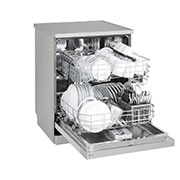 LG غسالة صحون إل جي ™QuadWash ، لون سلفر, إعداد المكان 14، تقنية EasyRack™ Plus، محرك الدفع المباشر، تقنية , right Perspective door open with dishes, DFC612FV, thumbnail 5
