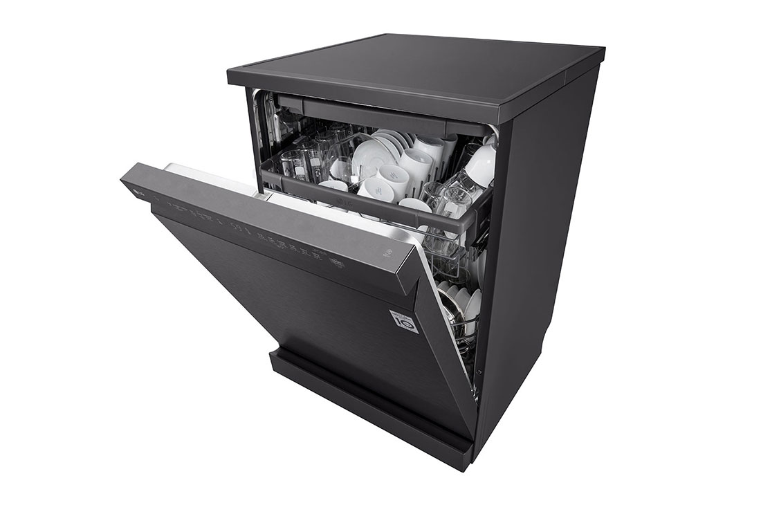 LG  غسالة صحون إل جي ™QuadWash ، لون اسود، تقنية EasyRack™ Plus، محرك Direct Drive، تقنية ThinQ, left side view slightly open door with Items, DFC513FD, thumbnail 10