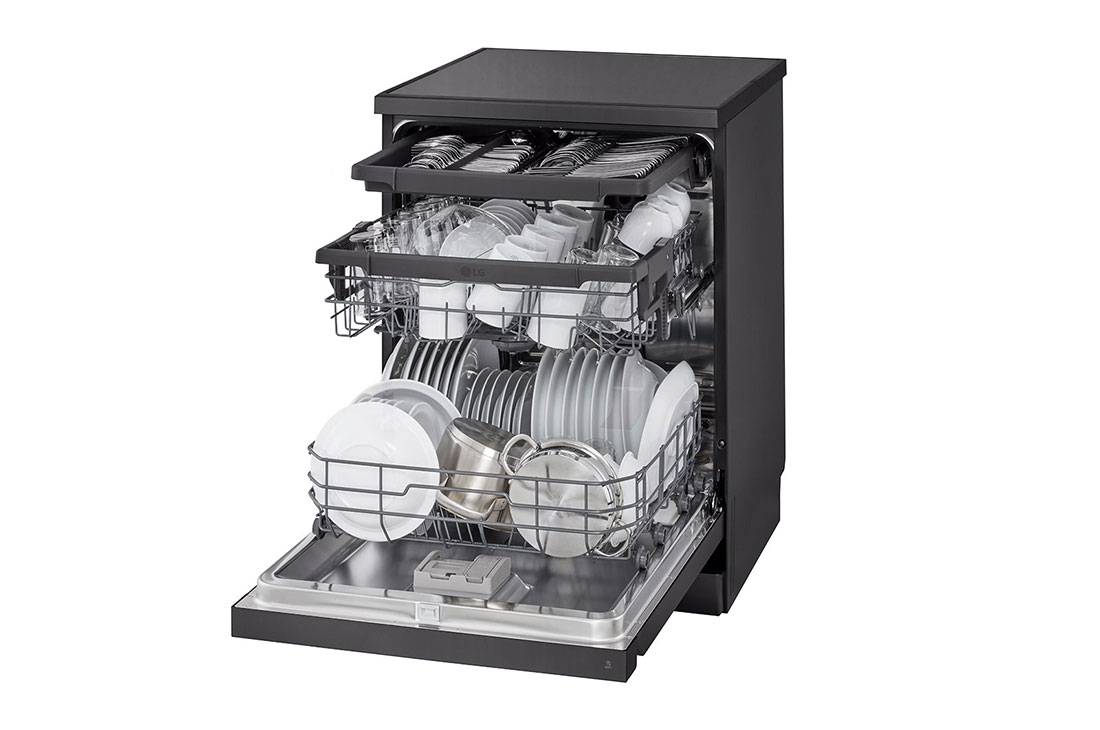 LG  غسالة صحون إل جي ™QuadWash ، لون اسود، تقنية EasyRack™ Plus، محرك Direct Drive، تقنية ThinQ, left side view with Items, DFC513FD, thumbnail 12