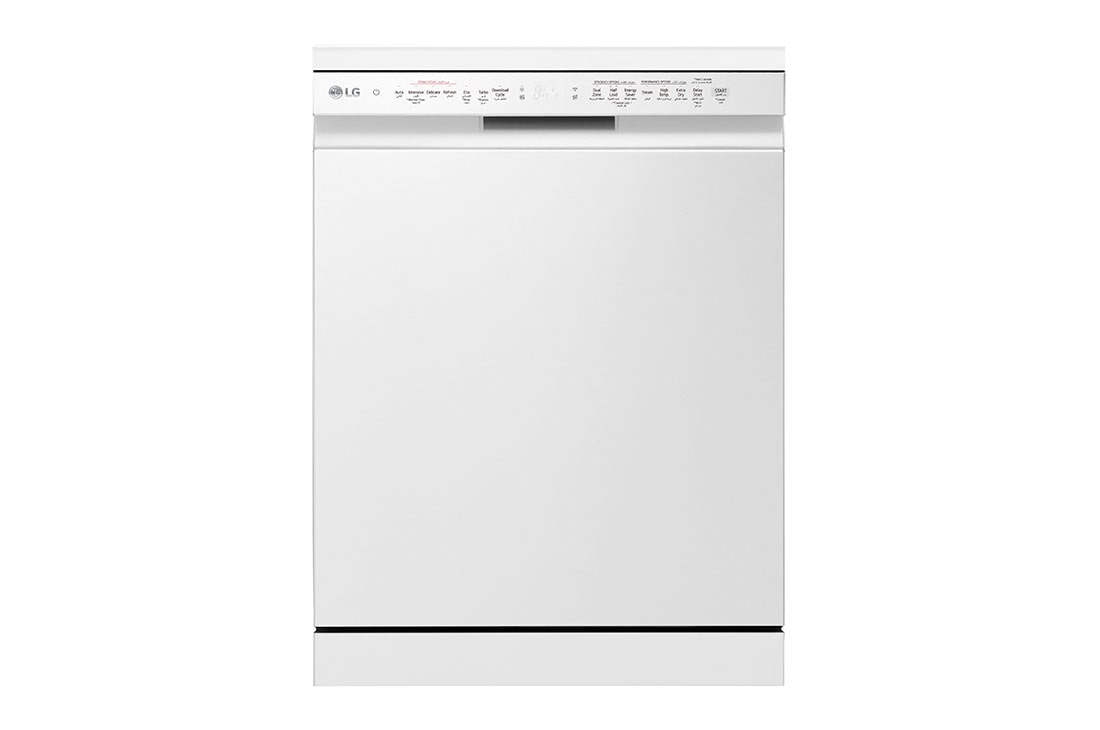 LG غسالة صحون إل جي بالبخار ™QuadWash  ، لون فضي بلاتيني, 14 طقم، تقنية EasyRack™ Plus، محرك الدفع المباشر، تقنية ThinQ, front view, DFC435FW
