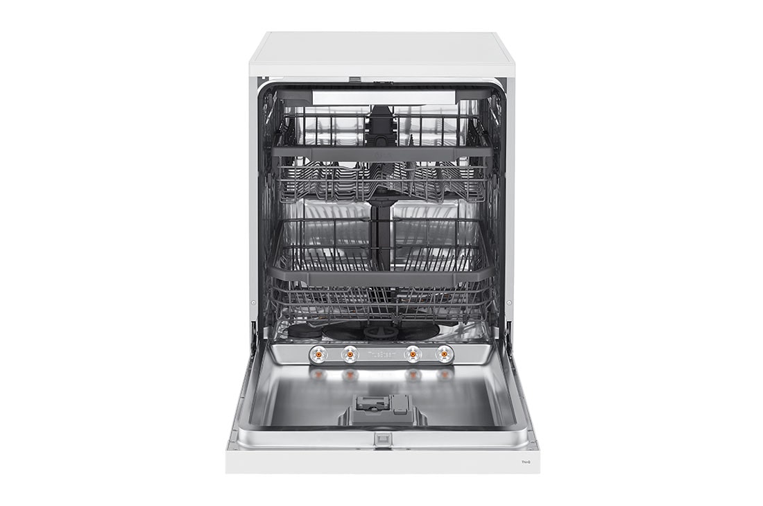 LG غسالة صحون إل جي ™QuadWash ، لون أبيض 14، طقم وتقنية EasyRack™ Plus، محرك الدفع المباشر, front view open door, DFC435FW, thumbnail 2