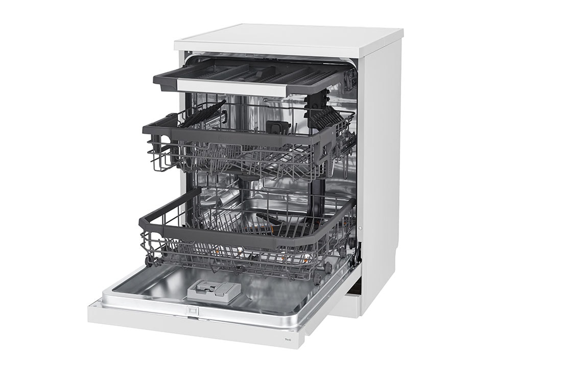 LG غسالة صحون إل جي ™QuadWash ، لون أبيض 14، طقم وتقنية EasyRack™ Plus، محرك الدفع المباشر, left side door open with dishes, DFC435FW, thumbnail 7