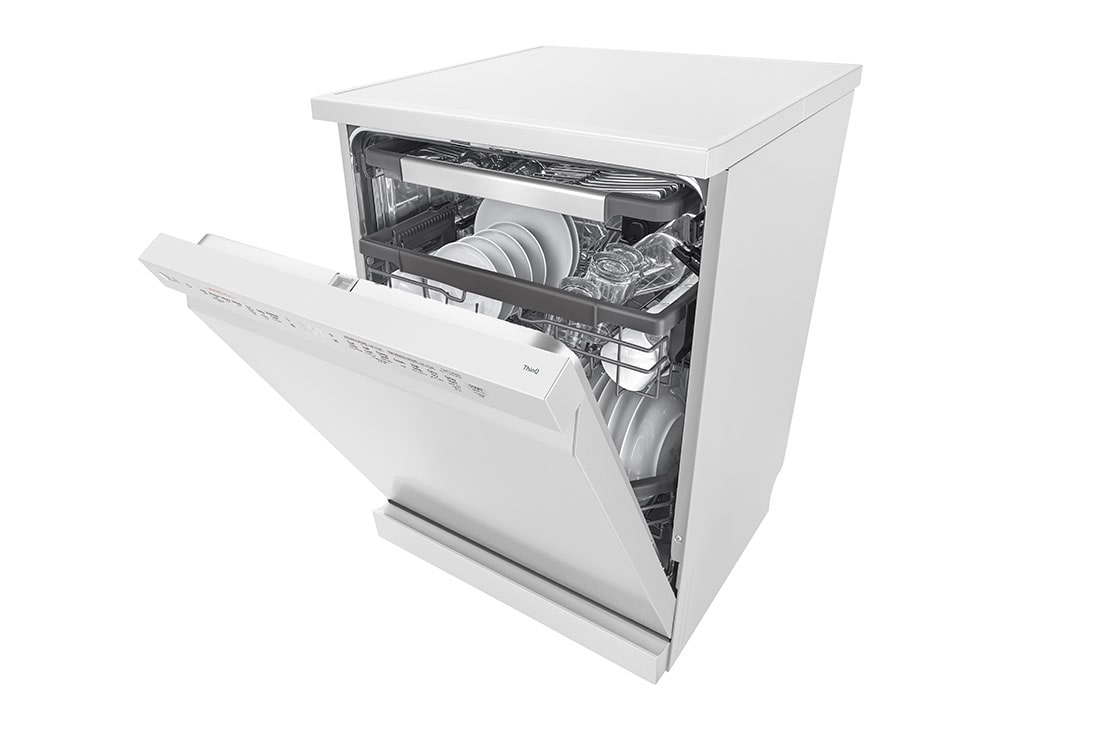 LG غسالة صحون إل جي ™QuadWash ، لون أبيض 14، طقم وتقنية EasyRack™ Plus، محرك الدفع المباشر, right side open door with dishes, DFC435FW, thumbnail 9