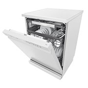 LG غسالة صحون إل جي ™QuadWash ، لون أبيض 14، طقم وتقنية EasyRack™ Plus، محرك الدفع المباشر, right side open door with dishes, DFC435FW, thumbnail 9