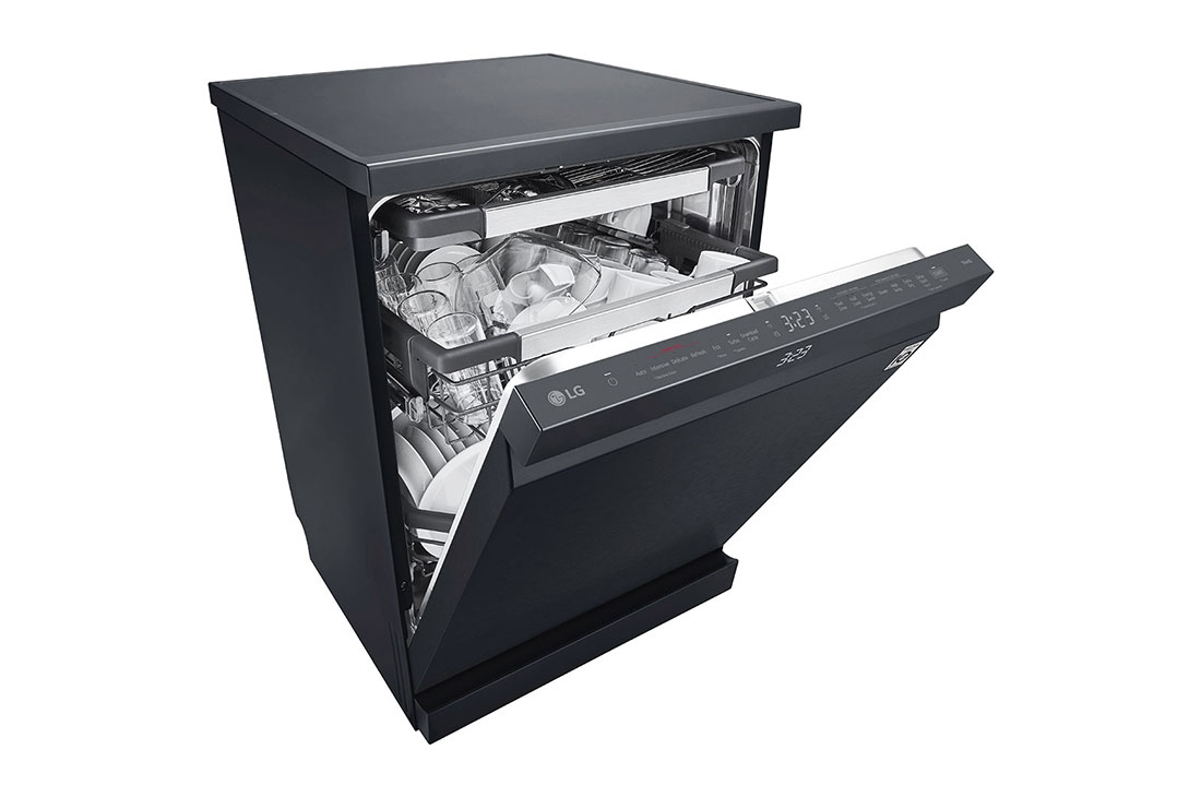 LG جلاية صحون أل جي 14 طقم وخاصية True Steam, محرك Direct Drive,لون اسود قاتم, right side view slightly open door with Items, DFC237HMS, thumbnail 7
