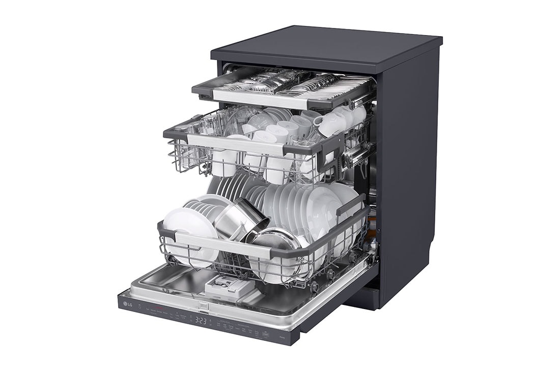 LG جلاية صحون أل جي 14 طقم وخاصية True Steam, محرك Direct Drive,لون اسود قاتم, right side view with Items, DFC237HMS, thumbnail 9