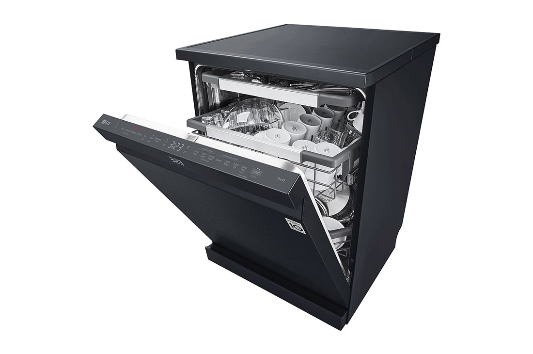 LG جلاية صحون أل جي 14 طقم وخاصية True Steam, محرك Direct Drive,لون اسود قاتم, left side view slightly open door with Items, DFC237HMS, thumbnail 10