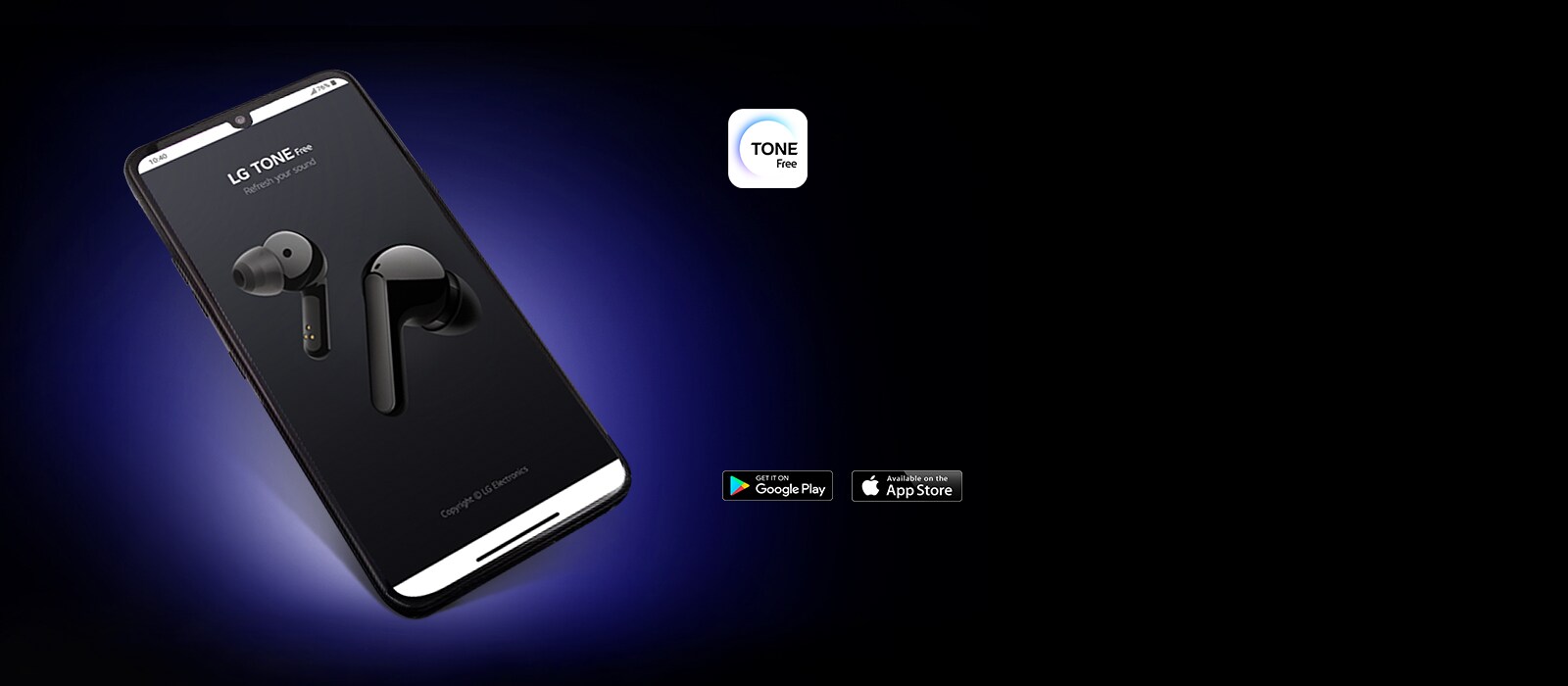 هاتف ذكي يعرض واجهة تطبيق TONE Free من إل جي على خلفية داكنة. أيقونات التطبيق موضحة على اليمين.