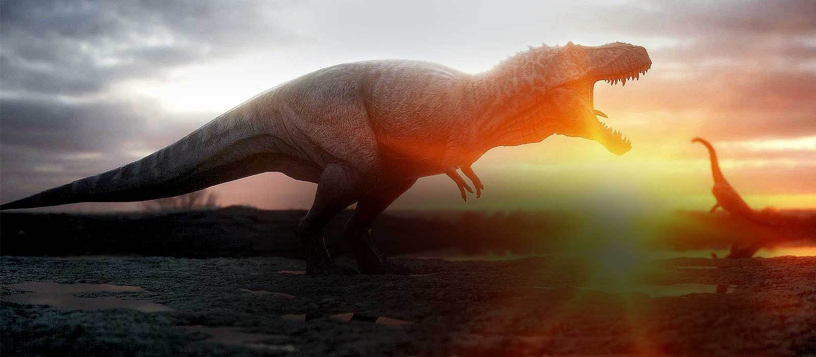 Dinosaurs roar in the background of sunset fields.