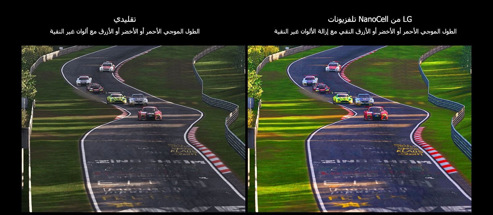 A scene of a racing game is shown on a conventional TV with poor picture quality. The other half is an LG NanoCell TV with high picture quality.