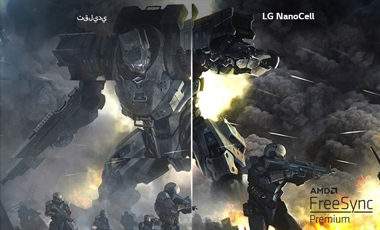 يتم عرض مشهد لعبة سباق على تلفزيون تقليدي مع وجود فواصل. النصف الآخر لتلفزيون NanoCell من LG مع وجود فواصل أقل.