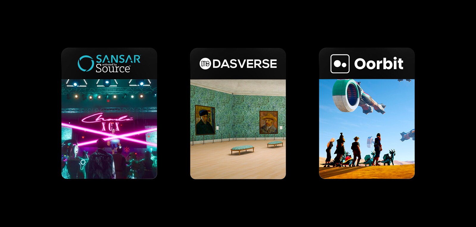 هناك ثلاثة مربعات صور، ويحمل كل منها شعار وصور خدمة metaverse لـ Sansar وDasverse وOorbit.