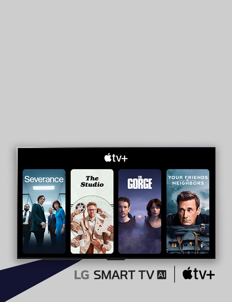 يظهر شعار تلفزيون LG SMART TV AI وشعار Apple tv+ جنبًا إلى جنب. على تلفزيون LG TV، توجد أربع صور مصغرة لعروض تلفزيونية (Severance، وThe Studio، وThe Gorge، وYour Friends and Neighbors) أسفل شعار Apple tv+. 