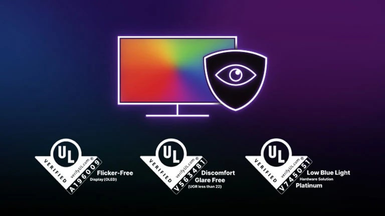 راحة العينين مع شعارات شهادة UL المعتمدة من LG OLED‏ - UL VERIFIED Flicker-Free Display (OLED)، وUL VERIFIED Discomfort Glare Free، وUL VERIFIED Low Blue Light Hardware Solution Platinum.