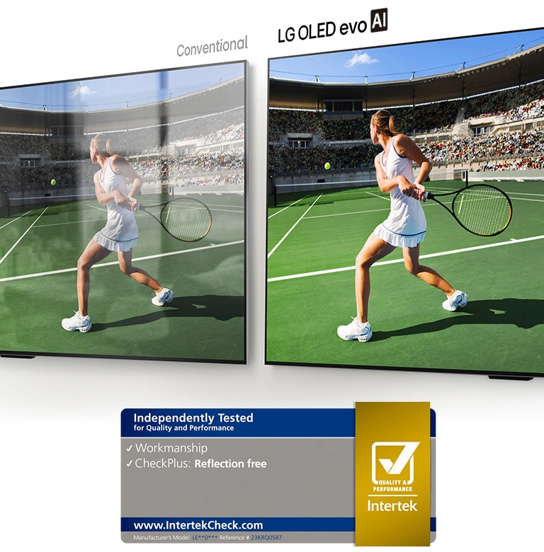 على اليسار، تعرض شاشة تلفزيون تقليدي لاعب تنس في ملعب، وتنعكس صورة الغرفة على الشاشة. وعلى اليمين، تعرض شاشة تلفزيون LG OLED evo M4 الصورة نفسها للاعب تنس في ملعب دون وجود انعكاس لصورة الغرفة على الشاشة، وتبدو الصورة أكثر سطوعًا وتظهر ألوانها بشكل أوضح.