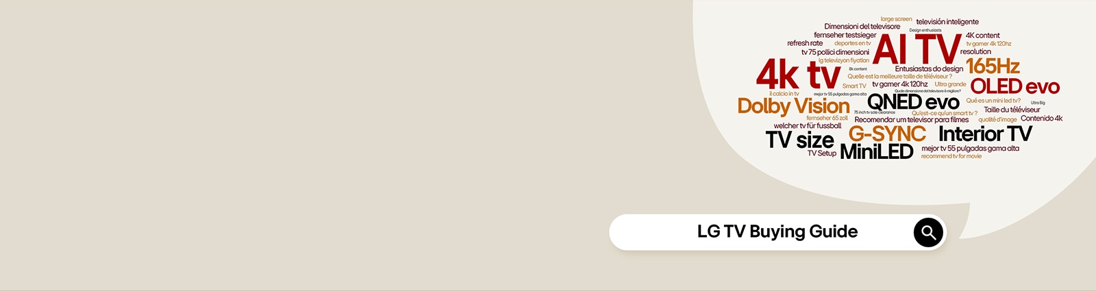 يعرض رسم محرك البحث النص "دليل شراء تلفزيون LG TV". تحتوي فقاعة الكلام على مصطلحات متعددة، بما في ذلك "تلفزيون AI TV" و"تلفزيون 4K TV" و"QNED evo" و"OLED evo".