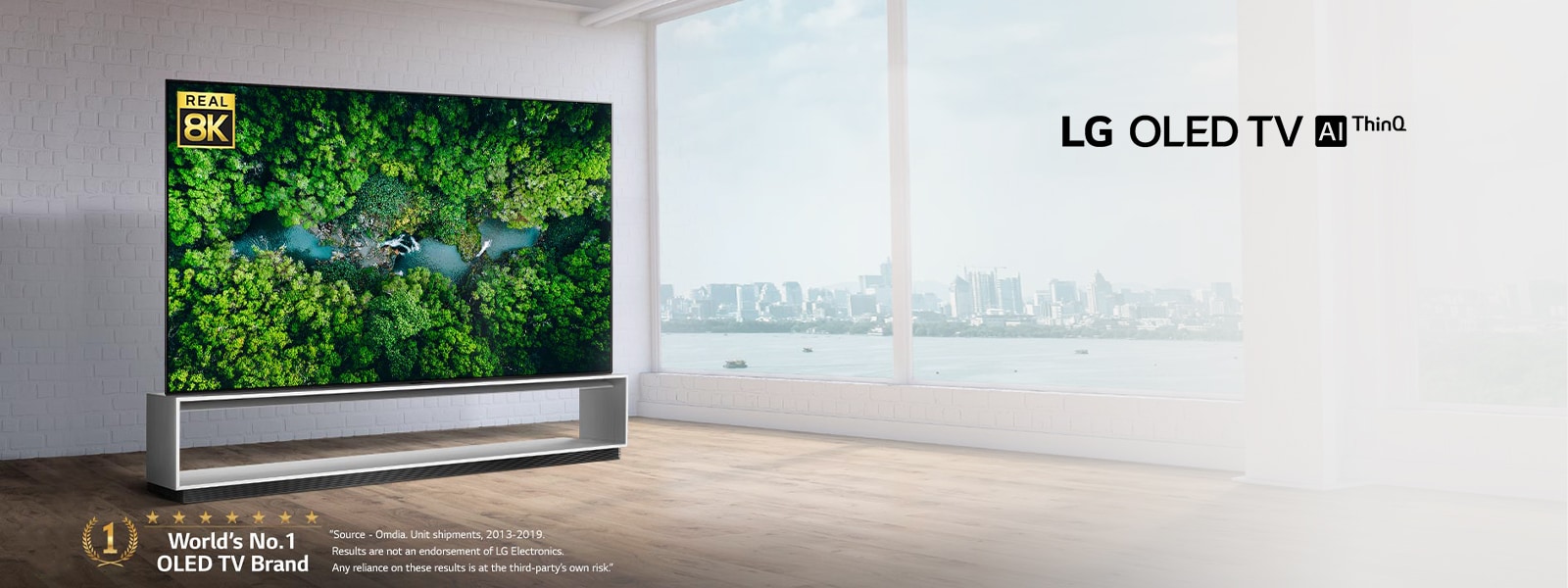 Luxurious living room with a TV showing an aerial view of nature