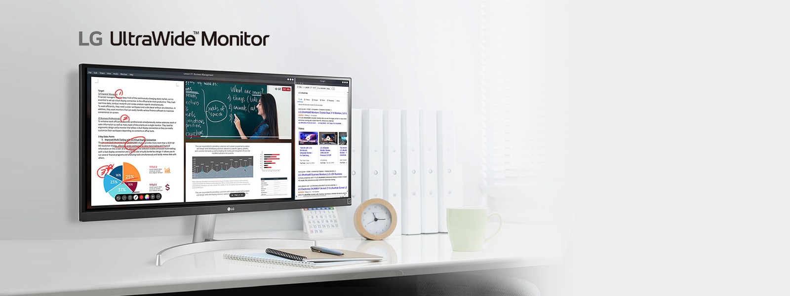 صورة لمنتج شاشة UltraWide ™ من إل جي مع شاشة مقسمة تتكون من 4 نوافذ مختلفة، حصة عبر الإنترنت في مقطع فيديو مع مادة أخرى تعرض أسفلها وموقع المدخل مع كلمات البحث عن LG UltraWide.