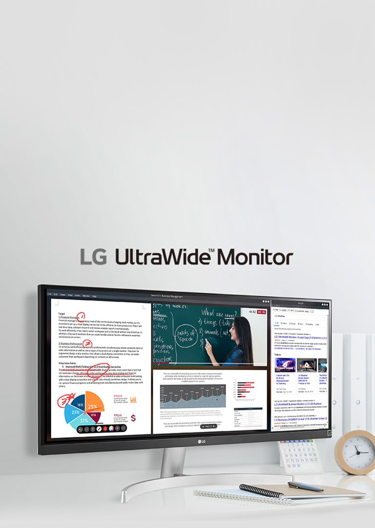 صورة لمنتج شاشة UltraWide ™ من إل جي مع شاشة مقسمة تتكون من 4 نوافذ مختلفة، حصة عبر الإنترنت في مقطع فيديو مع مادة أخرى تعرض أسفلها وموقع المدخل مع كلمات البحث عن LG UltraWide.