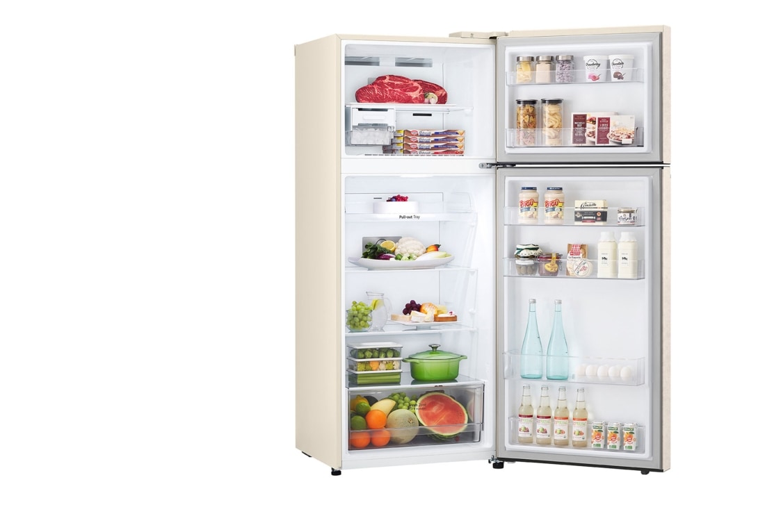 LG  ثلاجة فريزر علوي بسعة إجمالية 423 لتر لون بيج، ضاغط انفيرتر ™Smart Inverter, open view with food stored, GNB-582GVZP, thumbnail 10