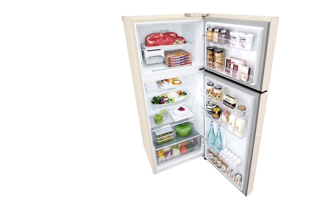 LG  ثلاجة فريزر علوي بسعة إجمالية 423 لتر لون بيج، ضاغط انفيرتر ™Smart Inverter, top perspective open view with food stored, GNB-582GVZP, thumbnail 11