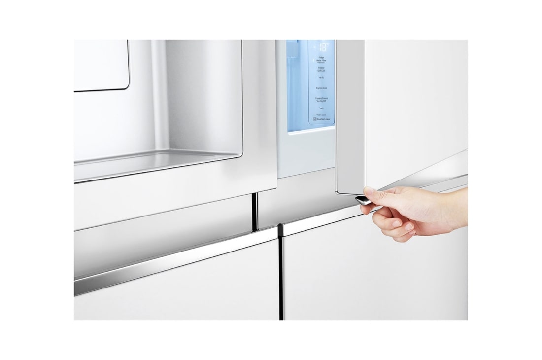 LG ثلاجة إل جي الباب بجانب الباب 611 لتر، تقنية ™UVnano، تقنية التبريد الطولي™، تقنية ™ThinQ لون أبيض, منظر الزر المخفي, GCJ-287GNW, thumbnail 3